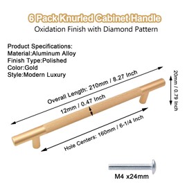 Cjueiom 6 Pack Gold Cupboard Handles 160mm Hole Center T Bar Handles, Knurled Drawer Handles Long Wardrobe Door Handles Pulls with Diamond Pattern, Kitchen Cabinet Handles for Bedroom Drawer