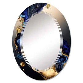 DesignQ Abstract Liquid Ink wall mirror, Oval Modern mirror, Round Blue bathroom mirror, Abstract Liquid ink vanity mirror Blue-Marbled Geode Abstraction I printed mirror decor, oval mirror 24x36