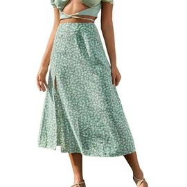 PrinStory Skirts for Women Casual Print Women Long Skirts Summer Split Hem Knit Ladies Skirts (Green, 3XL)