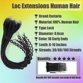 Coriario 0.6cm Loc Extensions Human Hair Curly Ends 16 Inch 30 Strands Dread Human Hair Dreadlock Extensions for Men