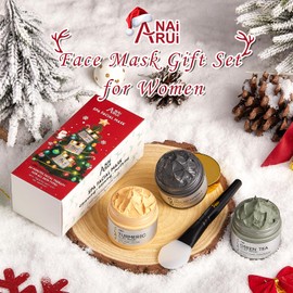 ANAiRUi Face Mask Gift Set for Christmas 70g*3, Turmeric Clay Mask - Green Tea Clay Face Mask - Dead Sea Minerals Mud Mask, 210 G