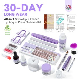 SSProTip X™ French Tip Acrylic Press On Nails Kit: In-Minute Long Wear & Easy French Acrylic Press-ons & Thick Short Square White Tip 150 Pieces Pro Acrylic Nail Kit Powder Monomer Liquid (Rectangle)