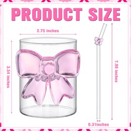 Singhoow 1 Set Pink Bow Glass with Straw 10 oz Bow Juice Glass Cup Aesthetic Cup with Straw Kit Cute Iced Drinking Tumbler for Coquette Party Wedding Engagement Favor Gift Women Friends
