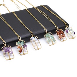 QSLLER 5pcs Vintage Natural Stone Pendant Necklace Square Tree Of Life Amethyst Link Chains Crystals Charms Necklaces For Women Jewelry