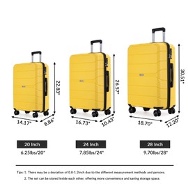 Luggage 3 Piece Expandable Suitcase with TSA Lock ABS, Durable Luggage Set, Lightweight Suitcase with 2 Hooks, Spinner Wheels - side 20in24in28in (Yellow)