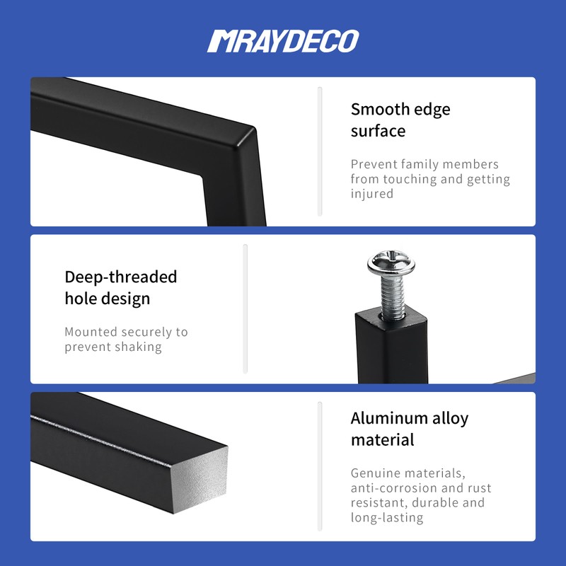 MRAYDECO 10 Pack Soild 6-1/4in (160mm) Black Cabinet Handles Square