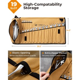 Foxrino Wrench Roll, Wrench Roll Up Pouch, 19-Pocket Heavy Duty Canvas Wrench Organizer Bag for Metric Combination Wrenches, Portable Tool Roll Bag, Gifts for Men for Christmas(Brown, 19+1 Metric)