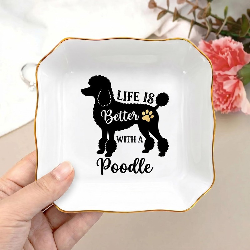 Pininerr Poodle Ceramic Jewelry Tray, Decorative Trinket Dish 4.33"