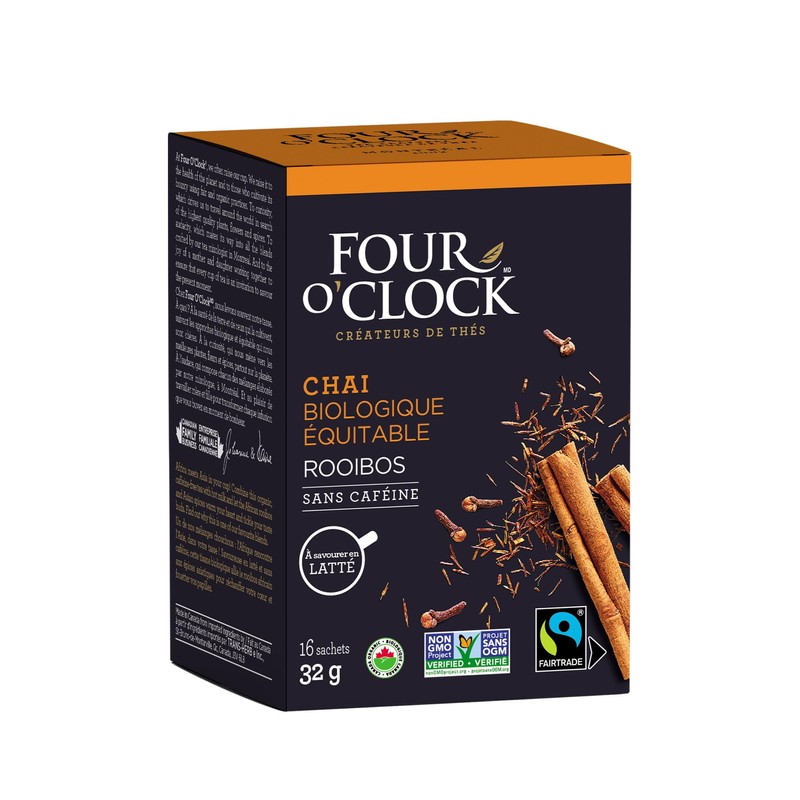 Four O'Clock Organic Fairtrade Chai Tea Rooibos, Non-Gmo, Kosher, Gluten-Free,