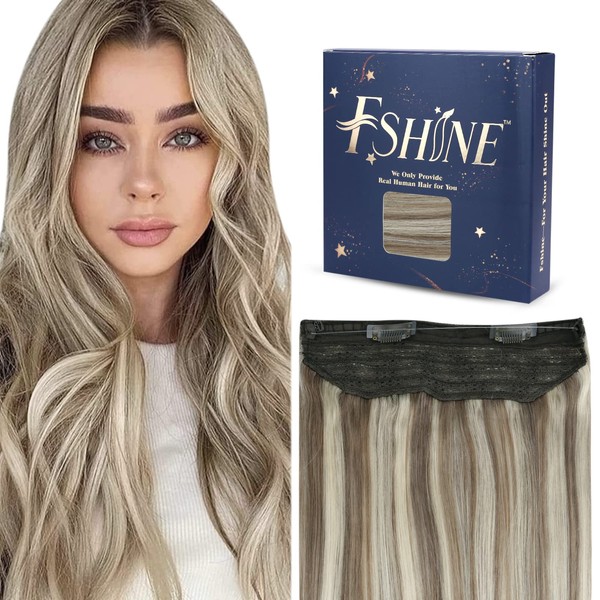 Fshine Real Hair Extension with Clip, Light Brown, Highlighted, with Platinum Blonde, 30 cm/12 Inches, Remy Invisible Wire Extensions, 70 g per Item