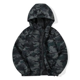 JOYSON Kid Boys Rain Jackets Lightweight Water-resistant Windbreaker Breathable Outerwear Raincoat with Hood Gray Green Camo 5-6 Years