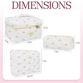 AMZMA Makeup Bag Travel Cosmetic Bag, 3 PCS Quilted Make Up Bags for Women Makeup Organizer Case, Coquette Makeup Pouch Travel Essentials Toiletries Accessories