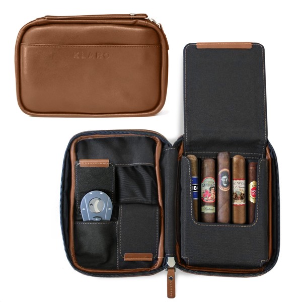 CASE ELEGANCE Klaro Travel Leather Cigar Case, 5 Cigar Storage, 2 Accessory Pockets, Humidification Pocket, Internal Hard-Shell Protection - Brown