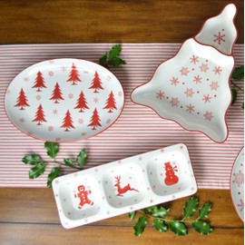 Euro Ceramica Winterfest Christmas Collection, 15" Tree Chip & Dip Platter, Red/White