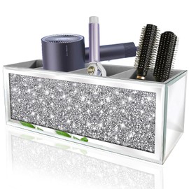 XIHACTY Mirror Hair Dryer Holder. Crystal Crush Diamond Hair Tool Organizer Wall Mount. Silver Bathroom Cabinet Tray for Blow Dryers, Hairdryer Straightener, Brushes and Combs.(14.6”x4”x5”)