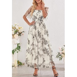 MEROKEETY Women's 2025 Summer Short Sleeve Floral Tulle Dress Square Neck Smocked Party Wedding Boho Maxi Dresses, Beige, M