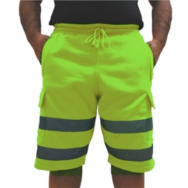 Men's Hi Vis Viz Cargo Fleece Shorts High Visibility Safety Security Work Wear Reflective Tape Bottom Shorts (UK, Alpha, L, Regular, Regular, Yellow)