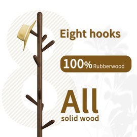 Solid Wood Square Base Coat Rack, Free Standing Hall Coat Tree with 8 Hooks（+2 spare) for Coats, Hats, Bags, Purses, for Entryway, Hallway, Rubberwood Hooks,Base and Pole,(Square Base, Dark Walnut)