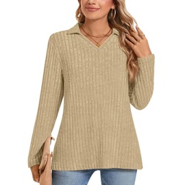POPYOUNG 2025 Fall-Winter Ladies Long Sleeve Tops V Neck Lightweight Sweatshirt Ribbed Blouse for Leggings M, Beige