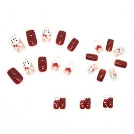Bunny Love Delight: 24 Medium-Length Red False Nails - Heart, Bunnies, Love Design Full Cover, Glossy, Nail Glue DIY Glam for Women and Girls