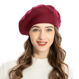 ZLYC French Beret hat, Reversible Solid Color Cashmere Knit Warm Beret Cap for Womens Girls (Burgundy),One Size