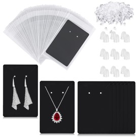 200 Pack Set Black Earrings Necklace Display Card, 50 Earring Cards with 50 Self-Sealing Bags for Ear Studs, 100 Earring Backs for DIY Making Jewelry Display(9 cm x 6 cm)