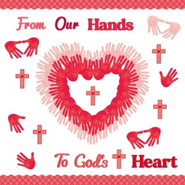106Pcs Valentine's Day Christian God’s Heart Bulletin Board Set, Handprint Heart Cross Cutouts and Plaid Border Trim for Sunday School Church Religious Chalkboard Door Decoration Supplies