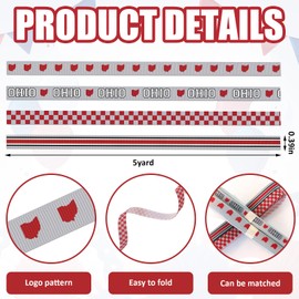 Threetols 4 Rolls 20 Yards Ohio Ribbons, 3/8" White Red Checkered Grosgrain Ribbons Red White Stripe Ribbon Wrapping Craft Ribbon for Ohio State Decoration and Theme Party Decorations