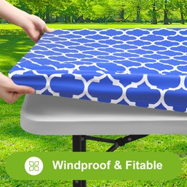 Smiry Rectangle Picnic Table Cover, Waterproof Elastic Fitted Camping Tablecloths for 6 Foot Tables, Wipeable Flannel Backed Vinyl Tablecloth Protector for Indoor, Outdoor (Blue, 36x72 Inches)