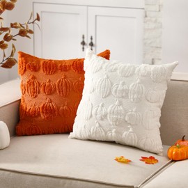 HunnmingRe 2 Pcs Fall Pumpkin Throw Pillow Covers 18x18 Inch Autumn Quilted Pillowcase Plush Faux Fur Cushion Cover for Fall Chair Sofa Bedroom Living Room Home Decor (White)