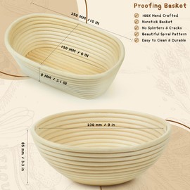 Sourdough Bread Baking Supplies Set, 10 Inch Oval Brotform & 9 Inch Round Banneton Bread Proofing Baskets with Linen Liner, Sourdough Starter Kit, Natural Rattan Shape Dough Proofing Bowl