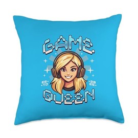 Cartoonish Blonde Game Queen wearing a gaming headset Throw Pillow