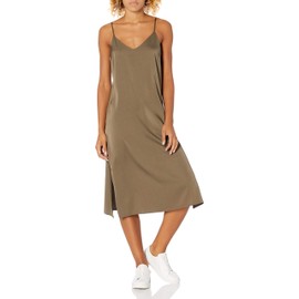 The Drop Women's Ana Silky V-Neck Midi Slip Dress, Dark Olive, M