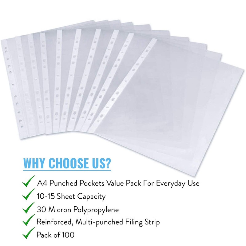50 A4 Plastic Value Punched Punch Pockets 10-15 Sheets 30
