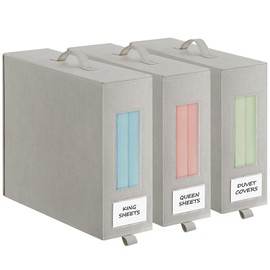 Baesyhom 3 Pcs Bed Sheet Organizers and Storage, Large Size Sheet Set Organizers (Queen & King) Duvet Covers Blanket Storage for Linen Closet with Handle, Zipper, Label and Clear Window, Grey