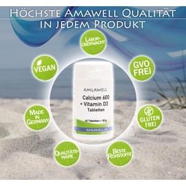 AMLAWELL Calcium 600 + Vitamin D3 Tabletten – 60 vegane Kalzium Tabletten mit Vitamin D3 (Tagesdosis 600 mg Kalzium und 5 μg Vitamin D)