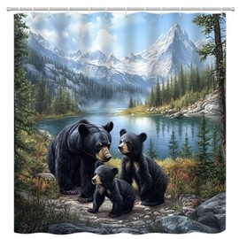PZMPZM Rustic Black Bear Shower Curtain Forest Lodge Cabin Wild Animal Country Mountain Lake Landscape Nature Hunting Fabric Bathroom Decor Curtain Sets with Hooks,70" Wx70 H