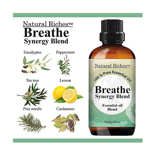 Natural Riches Breathe Essential Oil Blend Breathe Easy with Peppermint Eucalyptus Tea Tree Lemon Cardamom Pine Needle Essential Oils - 2 x 30 ml