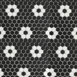 Hexagon Neutro Flower Black White Hex 1x1 Porcelain Floor Wall Tile Backsplash on Mesh Mounted for Easy to Install uses in Kitchen, Bathroom Shower, Accent Decor, Fireplace (1)