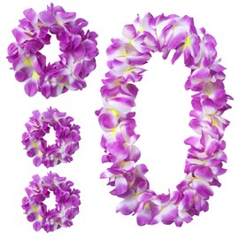 GHGMAO Hawaiian Leis Luau Party Wreath Set - Flower Necklace Headband and Bracelets, Great for Beach Wedding Birthday Holiday Hawaii Theme Party Activity Graduation Decoration (Purple)