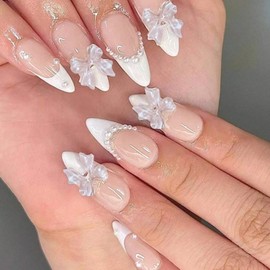 24 Pcs White French Tip Press on Nails Long Almond Shaped Fake Nails with Bow Charm and Pearl Design Pink Glossy False Nails Full Cover Acrylic Nails Stick on Nails for Women Nails Art DIY Manicure