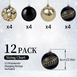 SHareconn 12ct 3.15 Inch Christmas Tree Balls Ornaments, Colored Shatterproof Plastic Decorative Baubles for Xmas Tree Decor Holiday Party Wedding Decoration (Black & Gold, 80mm)