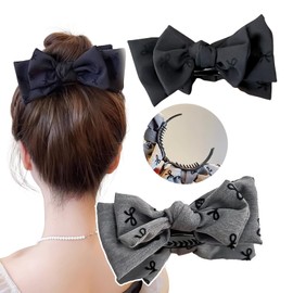 Rannyrena Cute Satin Bow Hair Claw Clips for Women Thin Thick Hair Large Nonslip Ponytail Holder Hair Claw Clips Catch Clamps Hair Accessories (Black and Grey)