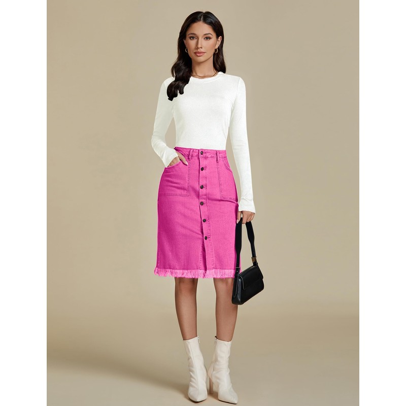 luvamia Women's Casual Denim Skirt Mid Waisted Ripped Distressed Frayed