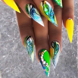 IMRAIN Press on Nails Medium Almond Fake Nails Green Yellow Acrylic False Nails with Glitter & Rhinestone Designs Glossy Glue on Nails Full Cover Artificial Bling Gel Stick on Nails for Women