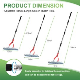 Thatch Rake, 15-Inch Wide dethatcher rake for Cleaning Dead Grass, Adjustable Dead Grass rake for Yard Lawn,thatch rakes for lawns with Stainless Steel Handle, Yard dethatcher rakes, 70-Inch Length.