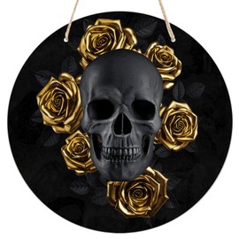 Holzschild zum Aufhängen, Gothic-Stil, schwarzer Totenkopf mit goldenen Rosen, rund, für Zuhause, Büro, Wandkunst, Dekoration, Türhänger, Geschenk, 20,3 x 20,3 cm