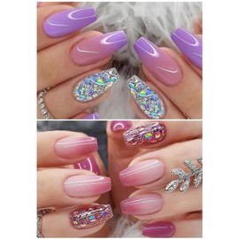 Ceboic 2 Packs (48 Pieces) False Nails for Gluing, Medium Length, Coffin French Press On Nails, Full Cover Artificial Nails, Pink Purple Gradient Glitter Acrylic Nail Tip, Glossy False Nails for Women