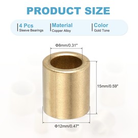 sourcing map Sleeve Bearings,8mm Bore x 12mm OD x 15mm Length Self-Lubricating Cast Brass Bushing Plain Shaft Bearings for Sliding Movements Parts of Machinery(Gold Tone, Pack of 4)