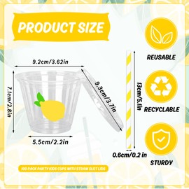 Whaline 100Pcs Lemon Disposable Plastic Cups with Lids and Straws 9Oz Party Cups Yellow Lemon Cold Beverage Drinking Cups for Iced Coffee Smoothie Juice Tea